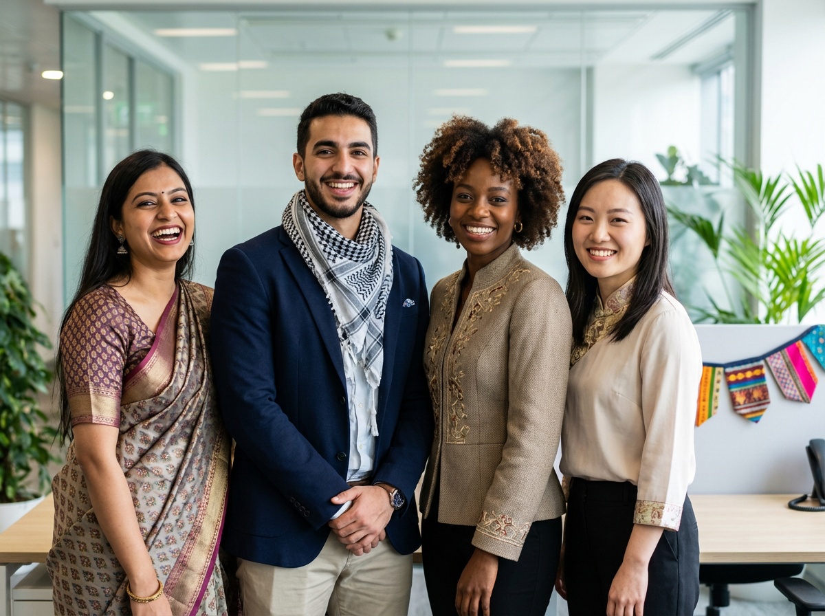Four diverse professionals celebrating cultural diversity with traditional and modern clothing