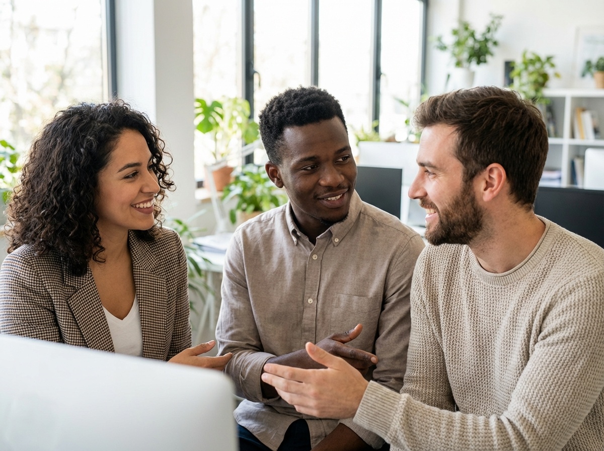 Close-up of three diverse colleagues in natural friendly workplace conversation