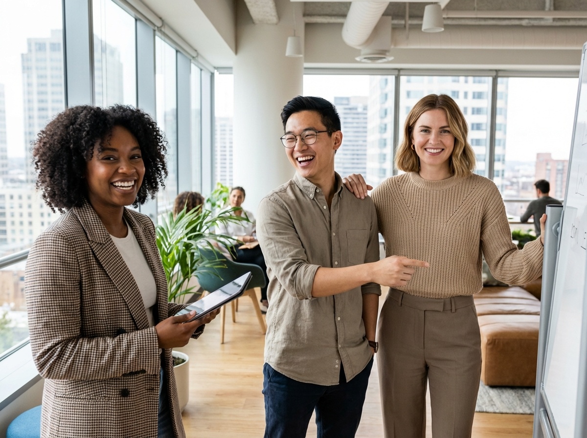 Three diverse professionals showing personal choice and empowerment in inclusive workplace