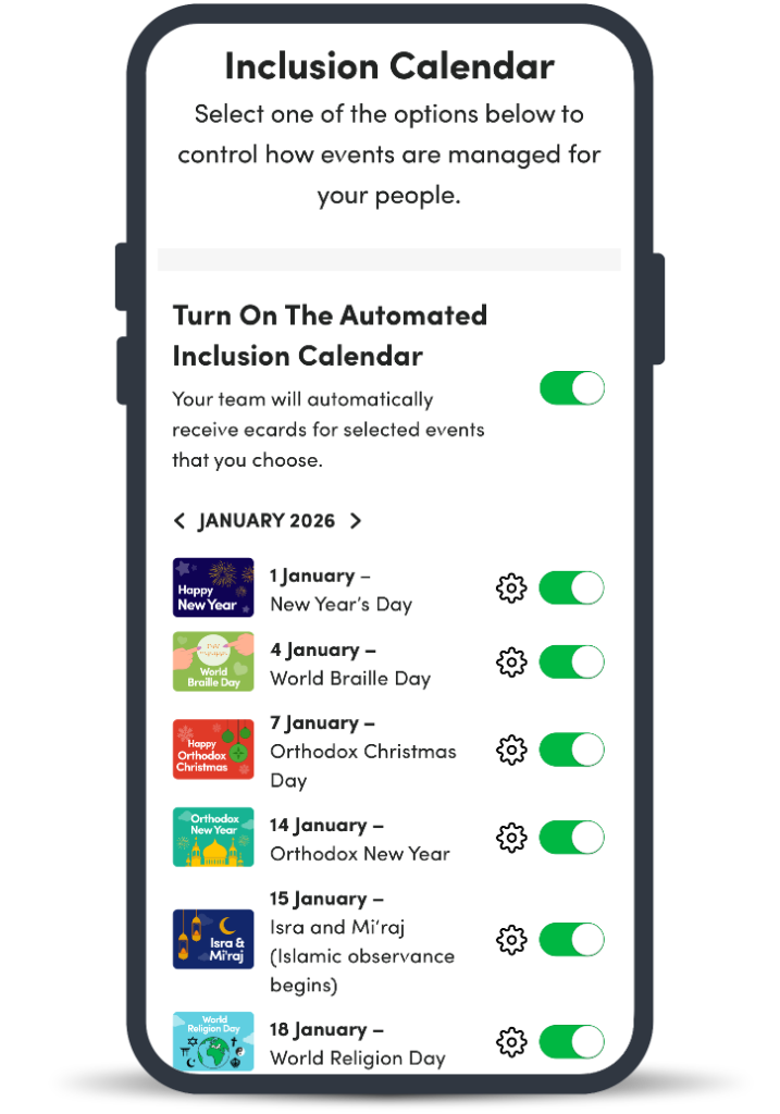Inclusion Calendar interface showing automated event management with toggle switches for January 2026 events including New Year's Day, World Braille Day, Orthodox Christmas, and more