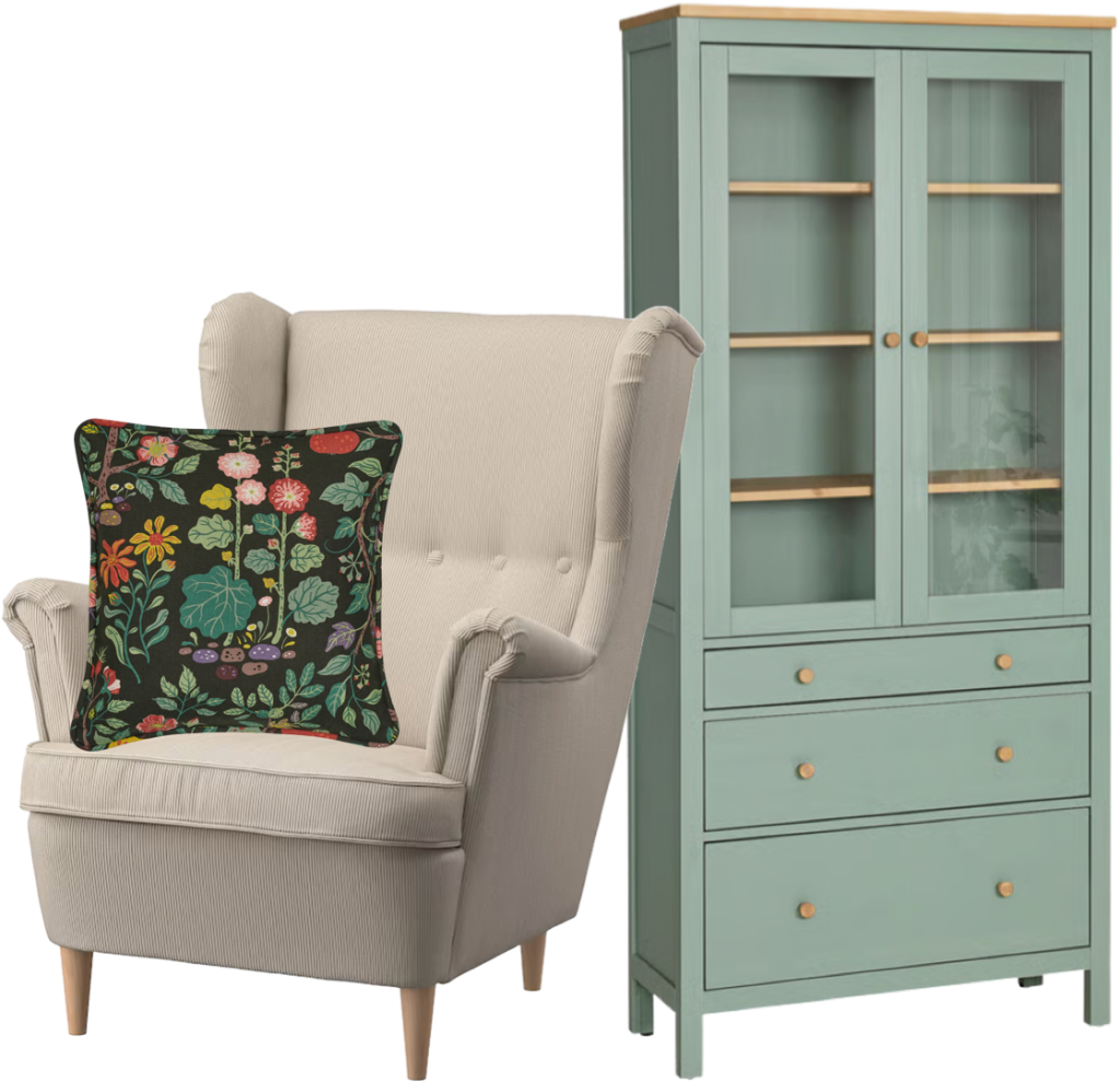 IKEA furniture collection featuring beige wingback armchair with floral cushion and sage green display cabinet